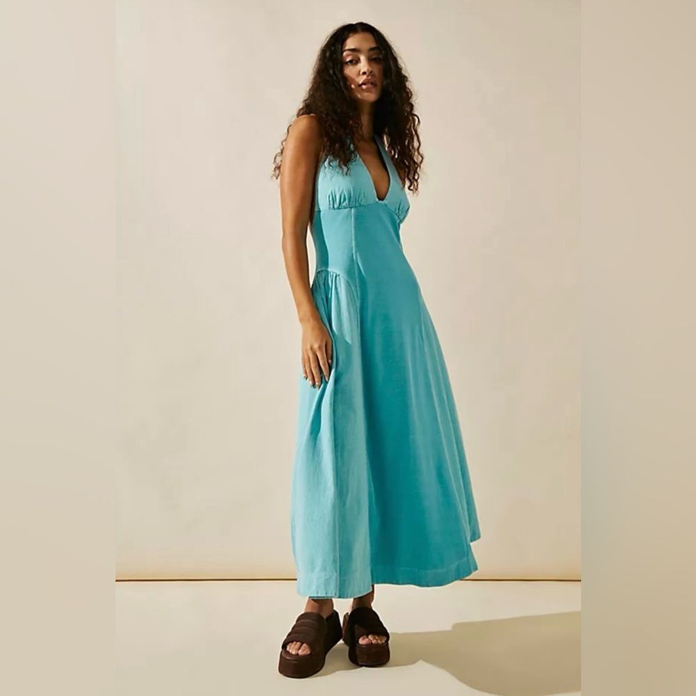 FP Beach Free People Estrela Midi Dress Turquoise Halter Maxi Boho Beachy Small